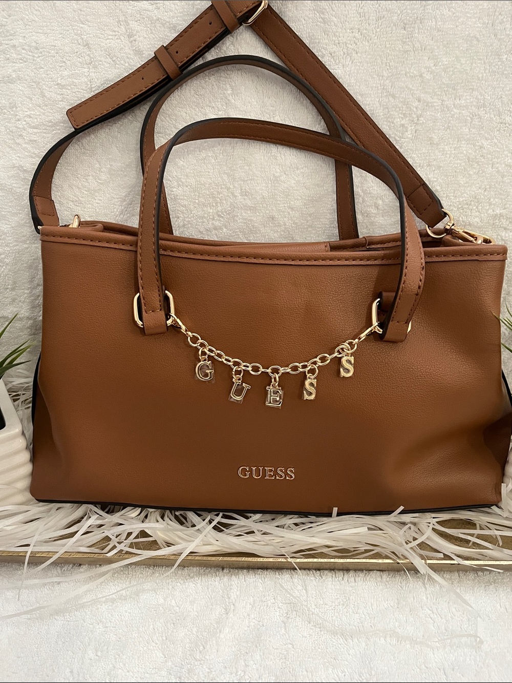 GUESS Brown Satchel with Gold Letter Charm Chain